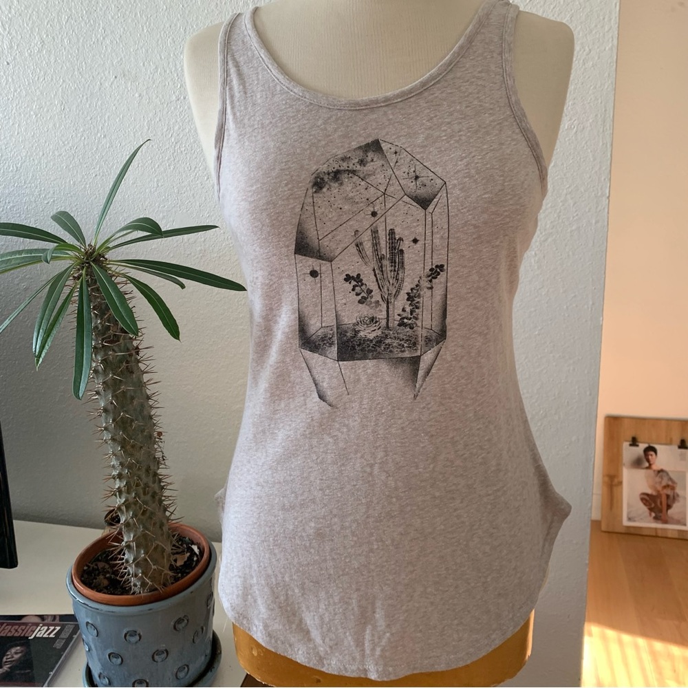 Will Call | Oatmeal tanktop with cacti print and crisscross back detail; size S